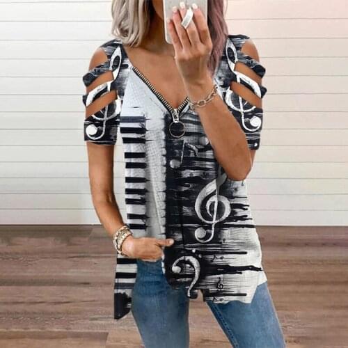 Dew Shoulder Fashion WomenS T-Shirts Bohemian Style Musical Note Printing Tshirt Zipper V-Neck Strap Summer Shirts Woman Tops