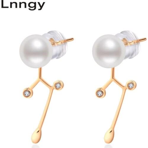 Lnngy 18K Rose Gold Earrings 6-6.5 Natural Freshwater Pearl Earring for Women Lady Tree branch Pearl Stud Earrings Elegant gifts