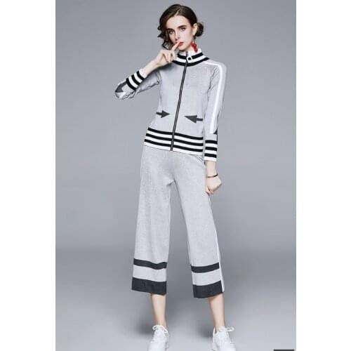 Runway 2020 Autumn Elegant Hit Color Knitted Two Piece Set Women Zipper Cardigan Tops + Wide Leg Pant Set Casual Clothing Set
