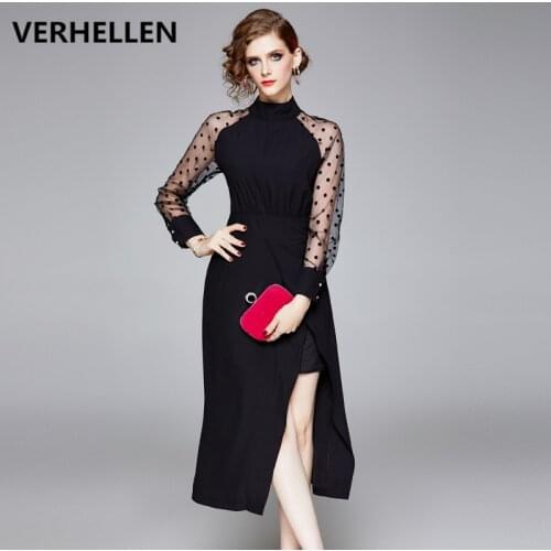 VERHELLEN Runway Dress 2020 Spring AutumnWomens Long Sleeve Mesh Splice Black Sexy Office Lady Dress Elegant Mid-Calf Dress