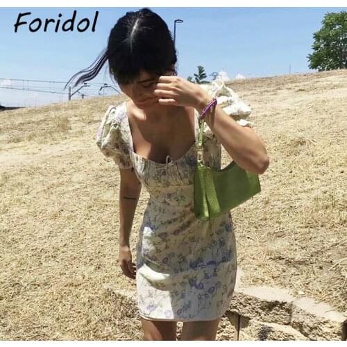 Foridol Puff Sleeve Vintage Chiffon Summer Dress Women Floral Print Boho Short Mini Dress Sundress Beach White Dress 2021