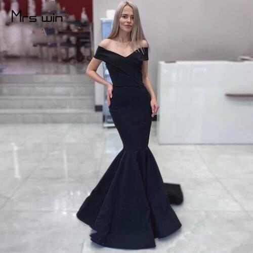Mrs win Evening Dresses Black Elegant Lace Up Back Formal Evening Dresses HR266 Off Shoulder Mermaid Long Prom Dress Party Gown