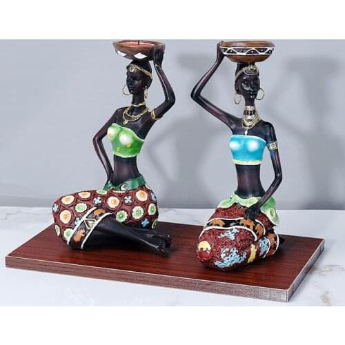 2 Pieces/set of African Woman Statue Resin Craft Home Decoration Sculpture Candle Holder Retro Style Simple Home Decoration