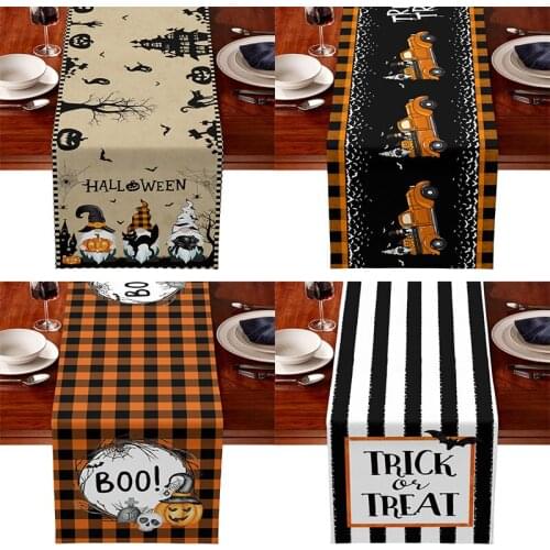 2021 Halloween Decoration Crow Pumpkin Dwarf Stripes Plaid Cotton Linen Table Runner Long Tablecloth Table Mat