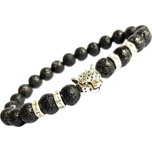 8mm Natural Stone Lava Stone Bead Strand Bracelet For Men Males Leopard Pendant Panther Head Charms Bracelet Jewelry On Hand