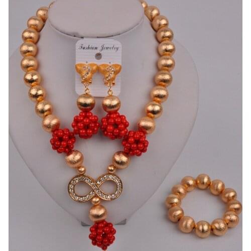 African Dubai Gold Red Coral Jewelry Set Nigerian Coral Beads Bridal Wedding Jewelry Sets 44-T-01