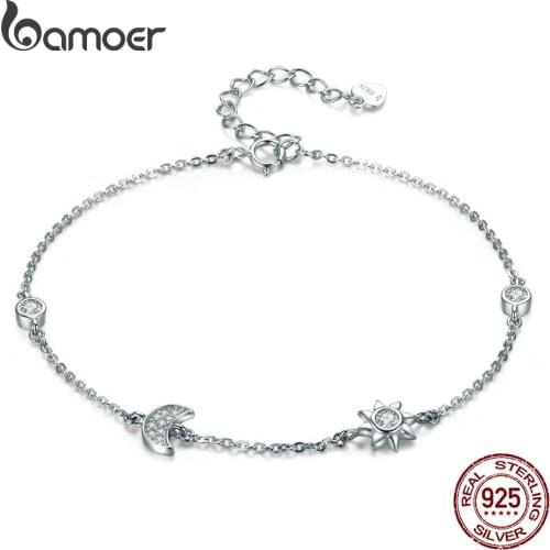 BAMOER Genuine 100% 925 Sterling Silver Lobster Clasp Star And Moon Clear CZ Bracelet & Bangles for Women Silver Jewelry SCB081