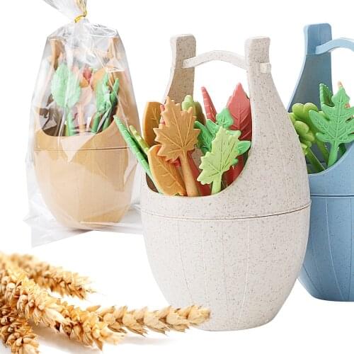 Creative Fruit Sign Straw Leaves 16pcs/set Green Biodegradable Table Decor Tools Cake Salad Vegetable Forks Fruit Fork Set