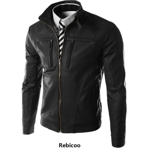 New Casual Slim Men Leather Jacket Fashion Men PU Leather Jacket Solid Color Mandarin Collar Male Jacket Rebicoo269