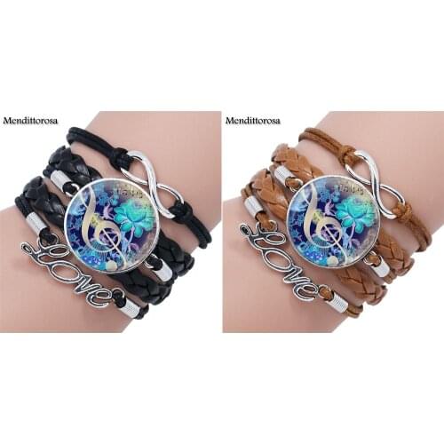 Mendittorosa Jewelry Multilayer Black/Brown Leather Bracelet Bangle Jewelry Crystal Gift Music Note