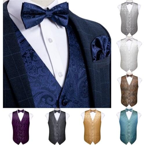 Mens Vest Navy Blue Paisley Silk Wedding Vest For Men Bowtie Hanky Cufflink Cravat Set for Suit Tuxedo DiBanGu New Designer