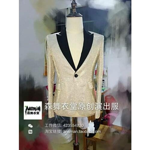 Hot New 2020 Men Slim Clothing Dj Singer Champagne Gold Glitter Suit Jacket Singer Costumes Formal Dress Mens Suits