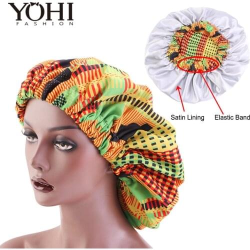 New Extra large Satin Lined Bonnets Double layer women African pattern print fabric bonnets Sleep Hat Hair accessories