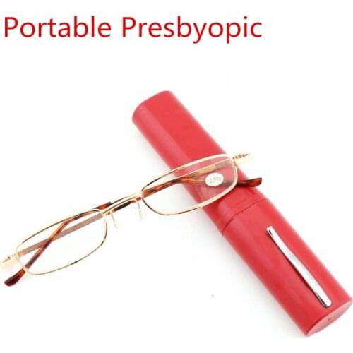 Unisex Reading Glasses with Pen Tube Case Portable Presbyopic Glasses Metal Case Spring Hinge Eyeglasses Vision Care +1.00~+4.00