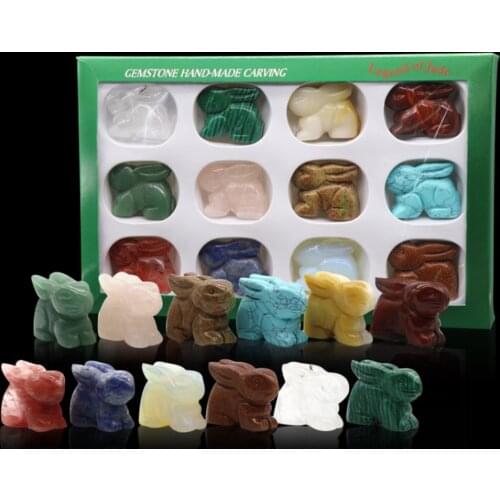 Wholesale 12 color set Fashion Natural crystal stones Carving Crystal Stone Cute Rabbits Pendant Adornment for Necklace Making