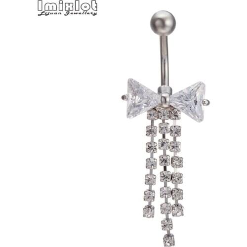 Sexy Surgical Steel Navel Piercing Body Jewelry White Pink Purple CZ Zircon Bow Tassel Belly Piercing For Women Girls