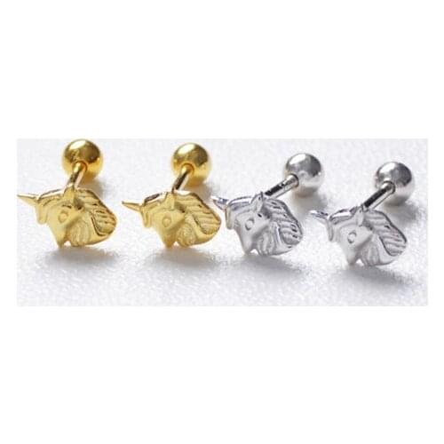 925 Sterling Silver Earring Simple Cat Unicorn Small Zircon Screw Stud Earring Cute Personality Ear Bone Nail Girl Ear Jewelry