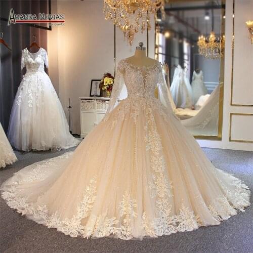 Luxury beading wedding dress with long sleeves amanda novias top brand bridal dress 2019