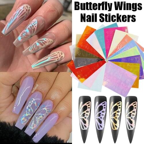 Butterfly Wings Nail Stickers Sets Fluorescent Decals Laser Holographic Foil 3D Nail Art Decorations Slider Manicure Wraps