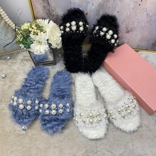 Fluffy Slippers Womens Outdoor Wear Summer 2021 New Fashion Flat Bottom Pearl Sandals