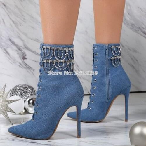 Chic Blue Jean Ankle Boots Glitter Drape Crystal Fringe Shoes Pointed Toe Thin High Heel Women Chain Booties Elegant Denim Shoes