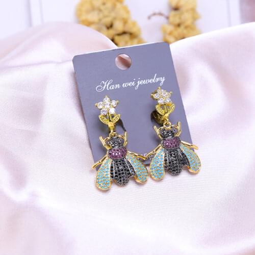 JUWANG Vintage Drop Earrings For Women Cubic Zirconia Beetle Bee Pendant Luxury Hoop Earrings Fashion Jewelry Pendients Mujer