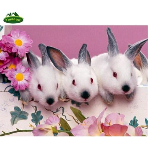 YUMEART 5D DIY Diamond Painting Three Lovely White Rabbits Embroidery Cross Stitch Rhinestone Mosaic Painting Wall Decoration