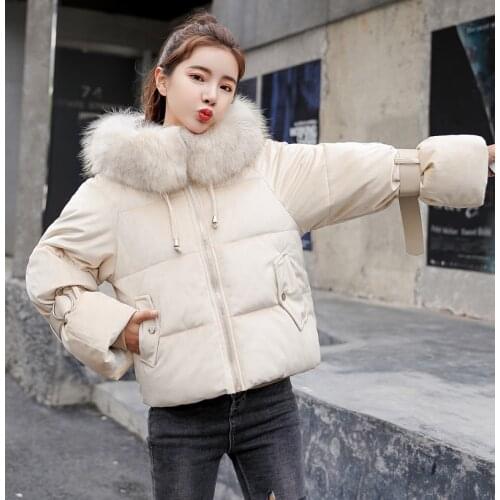 Hooded with Fur Collar Female Short Parka Coat Mujer Invierno 2021 New Design Velvet Winter Jacket Women Ladies Sweet