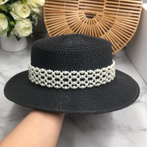 French retro black flat straw summer vacation ins pearl beach and women eaves sunhat sunscreen Fedora