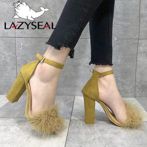 LazySeal High Heels Fur Ladies Sandals Women Pumps Shoes New Summer Buckle Strap Female Gladiator Wedding Shoes Plus Size 34--43