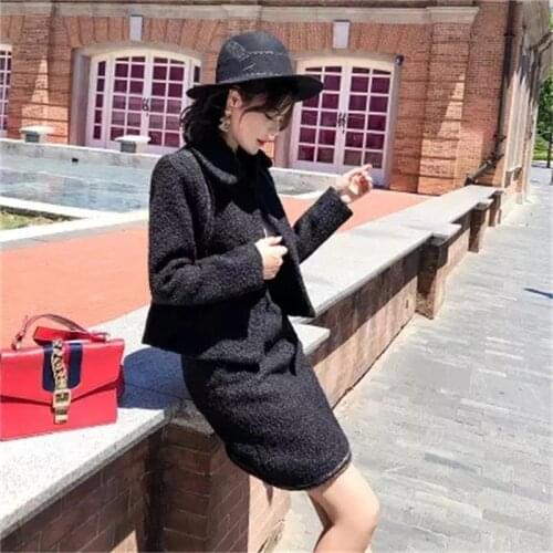Fashion Woolen suit womens New high-quality rough tweed ladies woolen casual short coat + skirt two-piece suit women