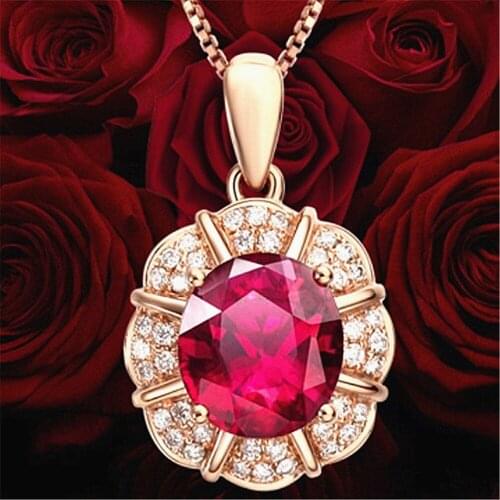 Fashion rose gold color flower red crystal ruby gemstones diamonds pendant necklaces for women choker jewelry romantic gifts new