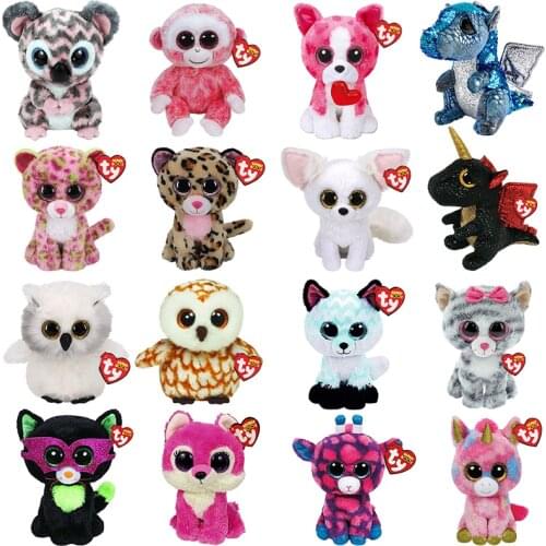 15CM Ty Beanie Cute Koala Monkey Leopard Fox Owl Wolf Black Cat Giraffe Unicorn Plush Toy Stuffed Animal Doll Kid Birthday Gift