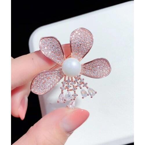 2pairs White Sea Shell Pearl CZ Pave Flower Brooch Pendant