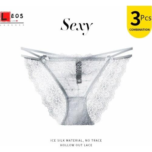 Sexy Lace 3Pcs Panties Hollow Out Mesh Underpant Low Waist Embroidered Briefs Bandage Bow Cotton Ladies Underwear Lingerie