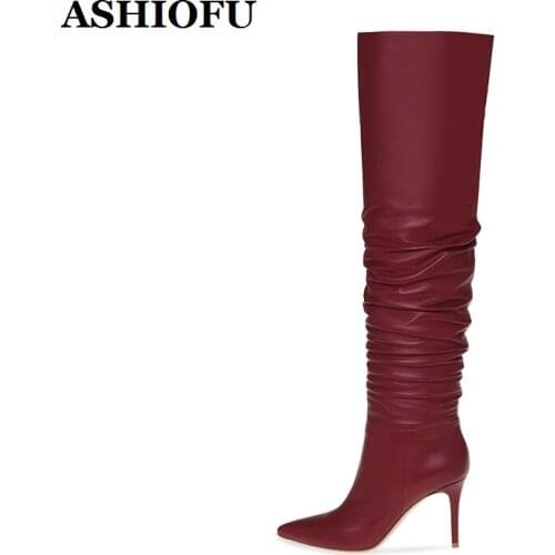 ASHIOFU New Handmade Ladies High Heel Boots Pleated Leather Party Prom Knee High Boots Sexy Evening Club Fashion Winter Boots