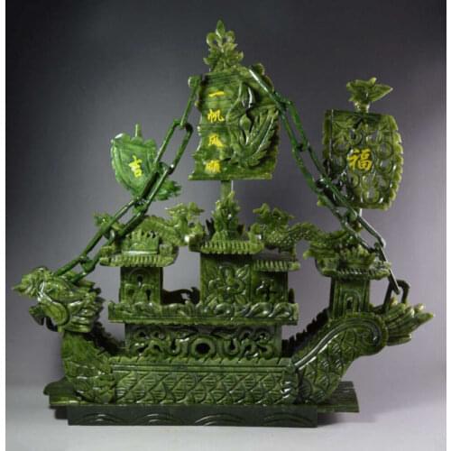 Large Chinese Hand Carved 100% Natural Jade Dragon Incense statue Dragon Boat
