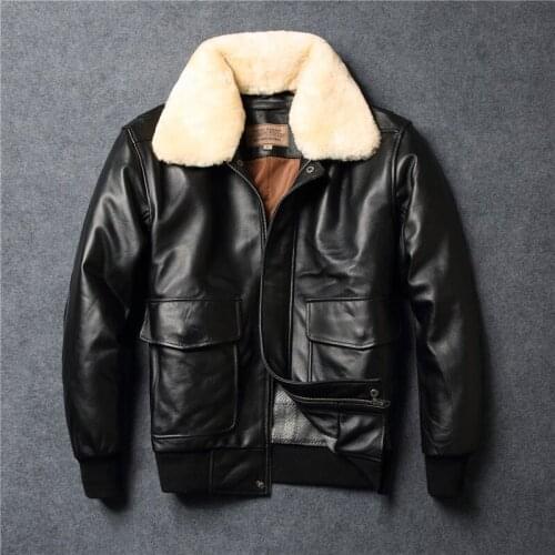 BOMikeRonny Air Force G1 Military Spec Flight Jecket Fur Collar Winter Genuine Leather Jacket Men Sheepskin Bomber Coat For Male