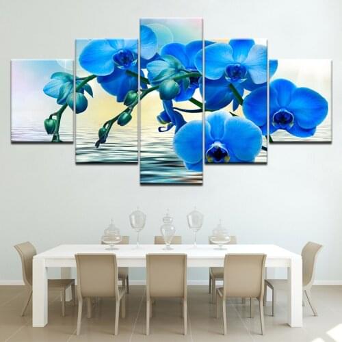 The Blue Orchids flower free shipping 5 Panels Wallpapers modern Modular Poster art Canvas painting for Living Room Home Decor
