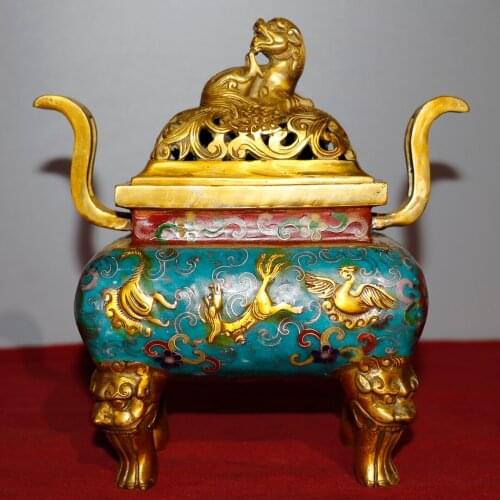 8"Chinese temple collection Old Bronze Cloisonne Enamel Lion cover Four animal feet incense burner Ornaments Town House Exorcism