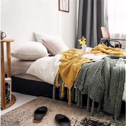 Nordic Style Fashion Knitting Twill Polyester Blankets Casual Sofa Cover Blanket Bed Towel Tassel Decorative Solid Color Throws