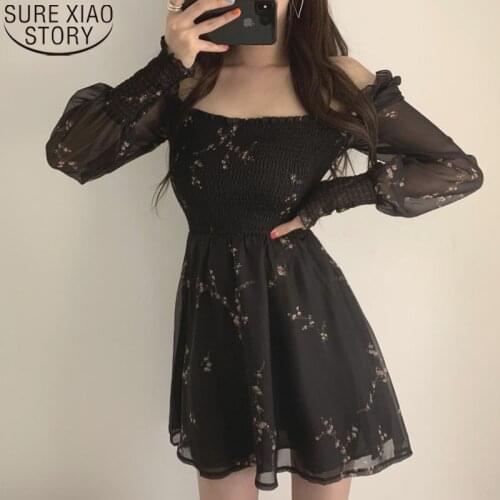 Summer Long Puff Sleeve Chiffon Dresses Sexy Black Dress Women Vintgae Floral Print Dress Korean Casual Mini Vestidos 13676