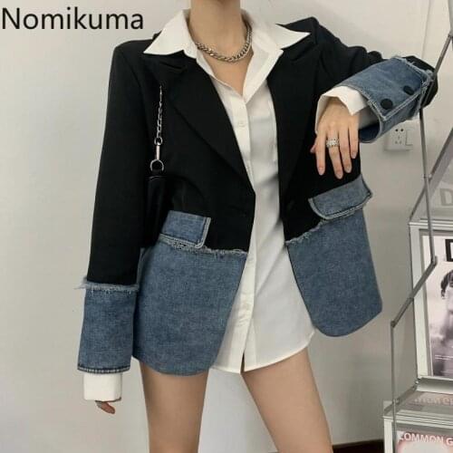 Nomikuma 2021 Spring New Demin Patchwork Blazers Causal Korean Hit Color Patchwork Suit Jacket Women Fashion Blazer Coat 6F775