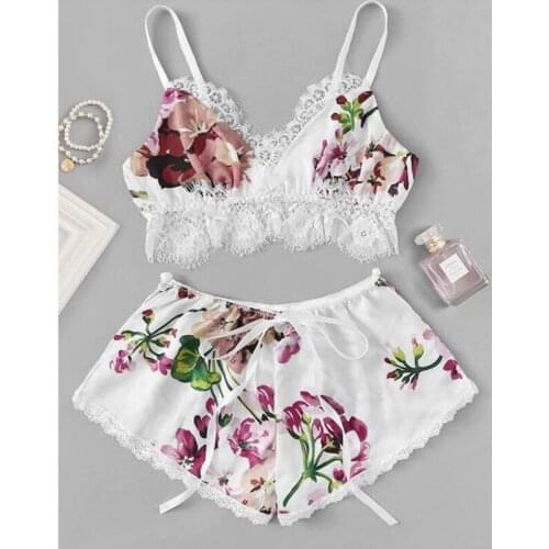 Women New Ice silk Pajamas High Quality Sexy lingerie Suspender Pajamas Summer Women Fashion Home Classic Shorts Flowers Pajamas