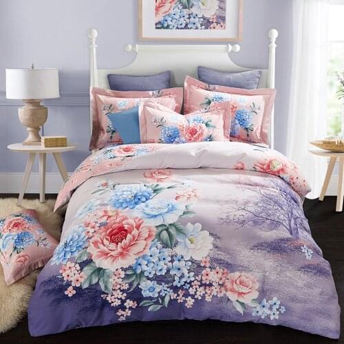 New Sanding 100% Cotton Printed Flower Bedding Set Wedding Bed Sheet set Duvet Cover Pillowcase Queen King 4pcs blue calla lily