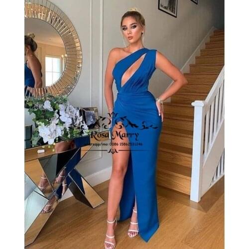 Sexy Blue Mermaid Long Evening Dresses Women Vestido De Fiesta 2021 Plus Size High Split Simple Satin Formal Prom Party Gowns