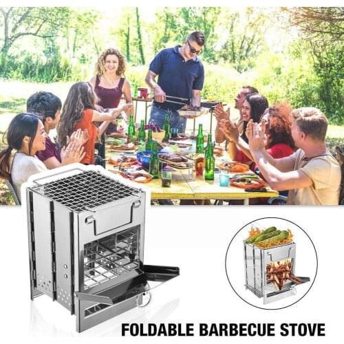 Camping Wood Burning Stove Stainless Steel Folding Camp Stove Lightweight Portable Wood Oven for Outdoor Picnic BBQ