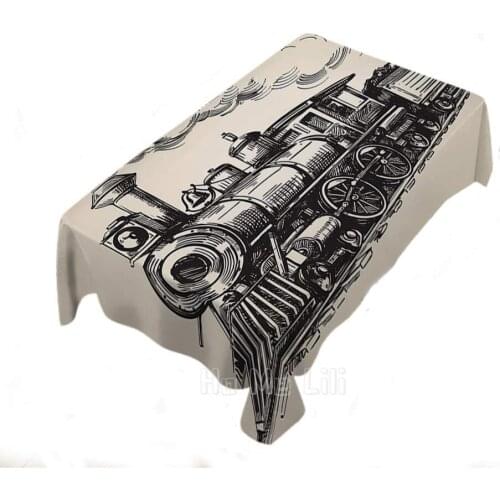 Train Rectangle Tablecloth Steam Locomotive Transport Railroad Railway Trip Vintage Sketch polyester For Indoor Outdoor Table