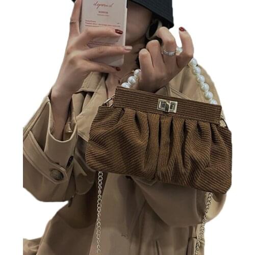 Luxury Corduroy Bag For Women Trendy Single Chain Strap Shoulder Bags Ladies Pearl Decoration Crossbody Handbag And Purse