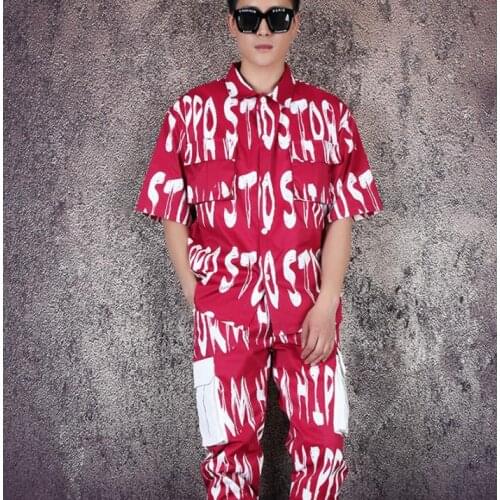 Fashion shirt men short sleeve shirt and pants set teenage korean Big purple letters shirt mens personality stage singer dance b